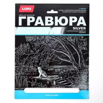 Гравюра большая с эффектом серебра «Котик на озере»