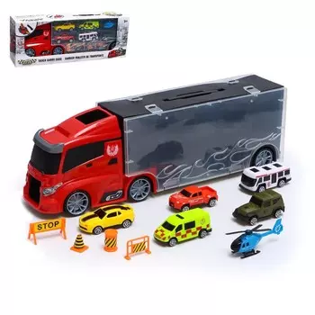 Грузовик «Перевозчик», в наборе 5 машинок, 1 вертолёт, 4 дорожных знака