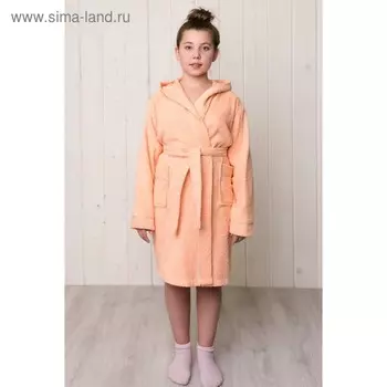 Халат для девочки с капюшоном, рост 152 см, персиковый, махра