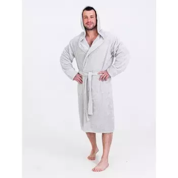 Халат махровый мужской с капюшоном, размер 56-58, цвет светло-серый