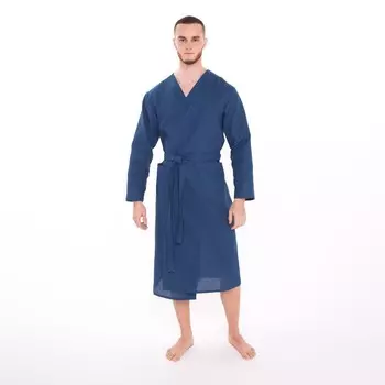 Халат вафельный запашной мужской, размер 50, хлопок 100%, синий