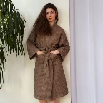 Халат вафельный женский удлинённый Этель "Boho" размер 42-44, цвет мокко, 100% хлопок, 290 г/м2