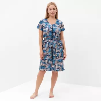 Халат женский, цвет синий, принт листья разноцветные, размер 48