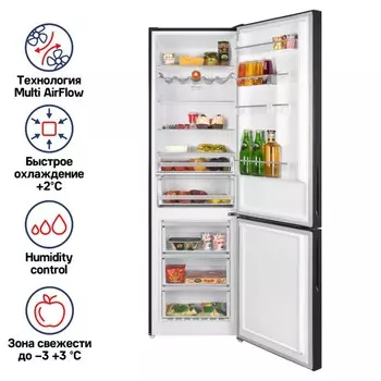 Холодильник MAUNFELD MFF200NFBE, двухкамерный, класс А+, 377 л, чёрный