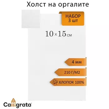 Холст на оргалите 10х15см, 4мм, хлопок 100%, акриловый грунт, мелкое зерно 210г/м2, в наборе 3 штуки