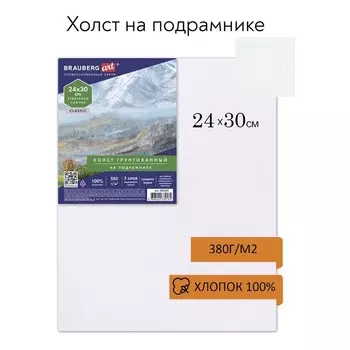 Холст на подрамнике 24 х 30 см, 380 г/м2, грунтованный, 100% хлопок, BRAUBERG ART (192195)