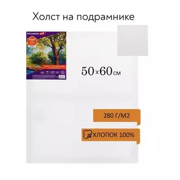 Холст на подрамнике, хлопок 100%, 50 х 60 х 1,8 см, акриловый грунт, мелкозернистый, 280 г/м2, Brauberg, ЭКОНОМ