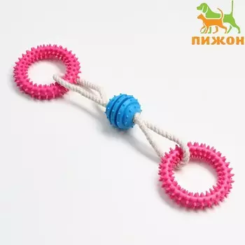 Игрушка канатная с жевательными элементами "2 шипастых кольца", до 29 см, до 120 г, микс
