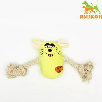 Игрушка мягкая для собак «Веселая мышка» с канатом и пищалкой, 2013 см, жёлтая