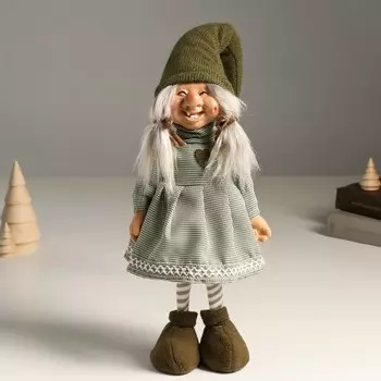 Интерьерная кукла текстильная «Бабка Ёжка в зеленом платье с сердечком и колпаке», 36 см