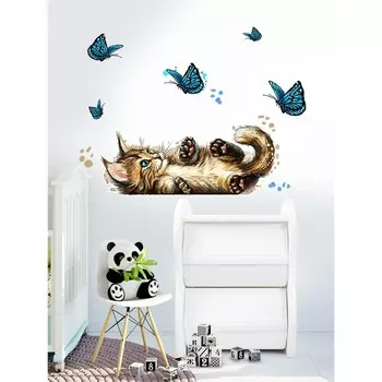 Интерьерные наклейки "Котик и бабочка" 26х64 см голубой