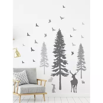 Интерьерные наклейки "Сосновый лес и олень" 46х128 см серый