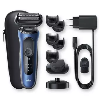 Электробритва Braun Series 6 60-B4500cs, сухое/влажное бритьё, 6 насадок, АКБ, чёрно-синяя