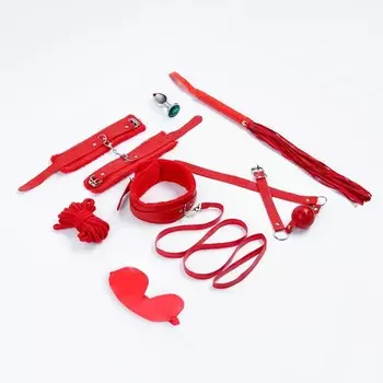 Эротический БДСМ набор, 8 предметов, металл, кожа, красный