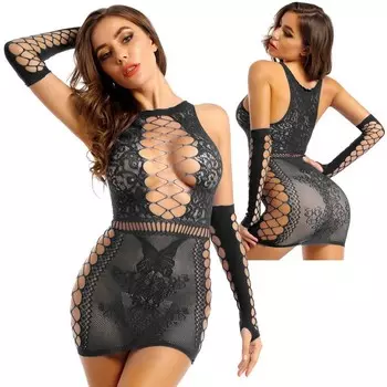 Эротическое белье крупная сетка на груди и бедрах, с рукавами OS, черный