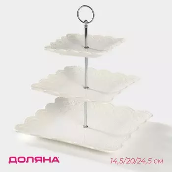 Этажёрка Фруктовница Доляна «Сьюзен», 3 яруса, 14.5/20/24.5 см, фарфор, белая