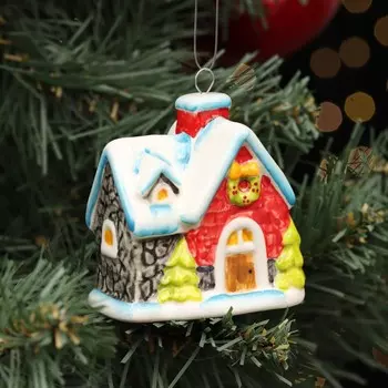 Ёлочная фарфоровая игрушка "Домик новогодний №1", крепление петля, 7 см