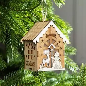 Ёлочная игрушка «Домик с оленем и снеговиком», 11х8х7 см, от батареек, свечение тёплое белое