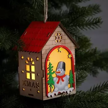 Ёлочная игрушка «Домик со снеговиком», 14.5х11х8.5 см, 1 LED, от батареек, свечение тёплое белое