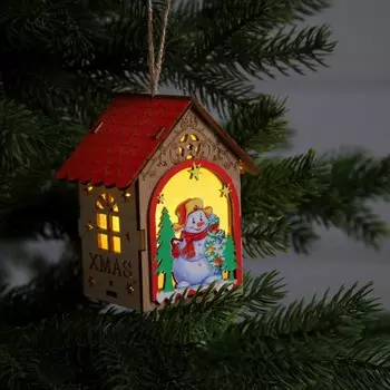 Ёлочная игрушка «Домик со снеговиком», 11х8.5х7.5 см, 1 LED, от батареек, свечение тёплое белое