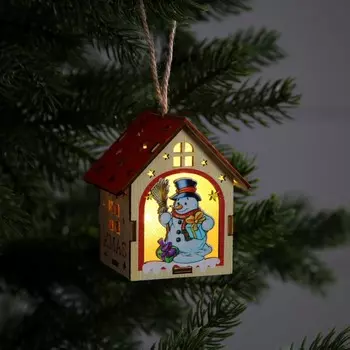 Ёлочная игрушка «Домик со снеговиком», 8х7х6 см, 1 LED, от батареек, свечение тёплое белое