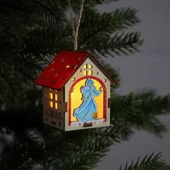 Ёлочная игрушка «Домик со Снегурочкой», 8х7х6 см, 1 LED, от батареек, свечение тёплое белое