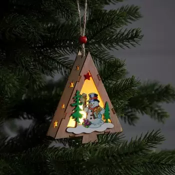 Ёлочная игрушка «Ёлочка со снеговиком», 12х10х3 см, 1 LED, от батареек, свечение тёплое белое