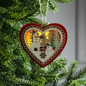 Ёлочная игрушка «Красное сердце со снеговиком», 11.5х10.5х1.5 см, от батареек, свечение тёплое белое