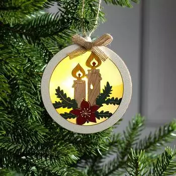 Ёлочная игрушка «Шар со свечками», 10х10х3 см, от батареек, свечение тёплое белое