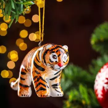 Ёлочная игрушка "Тигр натуральный идущий", ярославкая майолика