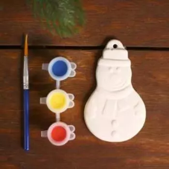 Ёлочное украшение под раскраску «Снеговик» с подвесом, краска 3 цв по 2,5 мл, кисть, уценка