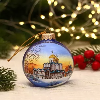 Ёлочный шар d-8 см "Покровский монастырь г. Суздаль" ручная роспись, синий
