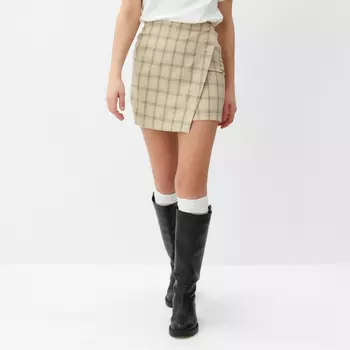 Юбка на запах мини женская MINAKU: Casual Collection, клетка бежевая, размер 44