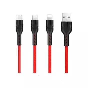 Кабель Hoco U31, microUSB/Lightning/Type-C - USB, 2.4 А, 1.2 м, красный