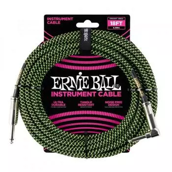 Кабель инструментальный ERNIE BALL 6082 - оплетенный, 5,49 м, прямой/угловой джеки, чёрно - зелёный