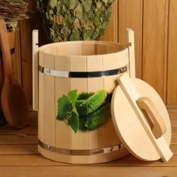 Кадка-бочка для засолки из липы "Огурцы" 10 л, нержавеющий обруч, с крышкой, "Добропаровъ"