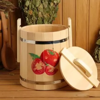 Кадка-бочка для засолки из липы "Помидоры" 10 л, нержавеющий обруч, с крышкой, "Добропаровъ"