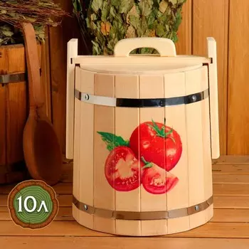 Кадка-бочка для засолки из липы "Помидоры" 10 л, нержавеющий обруч, с крышкой, "Добропаровъ"