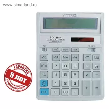 Калькулятор настольный Citizen "SDC-888XWH", 12-разрядный, 158 х 203 х 31мм, двойное питание, белый