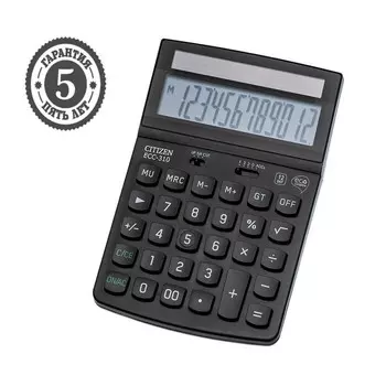 Калькулятор настольный Citizen "ECC-310", 12-разрядный, 107 х 173 х 34мм, питание от солнечной батареи, черный