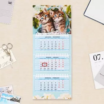 Календарь квартальный мини-трио "Ушки на макушке" 2025 год, 19,5 х 47 см