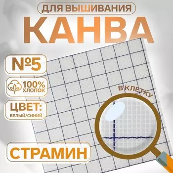 Канва страмин для вышивания, в клетку, №5, 4848 см, белая, синяя