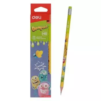 Карандаш чернографитный HB, 12 штук, тополь, с ластиком, европодвес