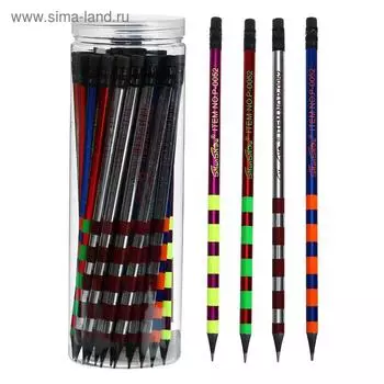 Карандаш чернографитный с ластиком "Полоски", твёрдость НВ, корпус металлик, в тубе, МИКС, штрихкод на штуке