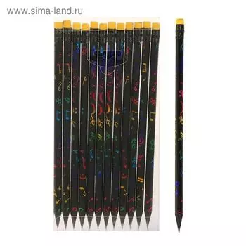 Карандаш простой, чёрнографитный с ластиком, твёрдость НВ, корпус чёрный с рисунком