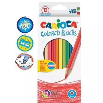 Карандаши 12 цветов Carioca, шестигранные, яркий ударопрочный грифель 3,0 мм, картонная упаковка