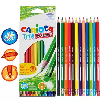 Карандаши 12 цветов, Carioca "Tita Erasable", стираемые, пластик, шестигранные, грифель 3.0 мм, яркие цвета и плавное письмо, европодвес