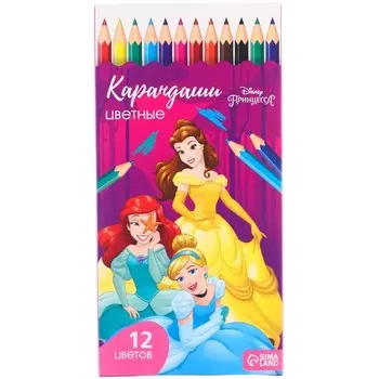 Цветные карандаши, 12 цветов, шестигранные, Принцессы