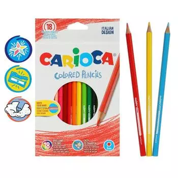 Карандаши 18 цветов Carioca, шестигранные, деревянные, яркий грифель 3 мм, точилка в ПОДАРОК!