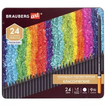Карандаши 24 цвета, BRAUBERG ART PREMIERE, диаметр грифеля 4 мм, в металлическом пенале
